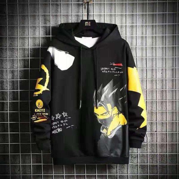 Men’s Graphic Anime Streetwear Hoodie – Black & Yellow Oversized Pullover