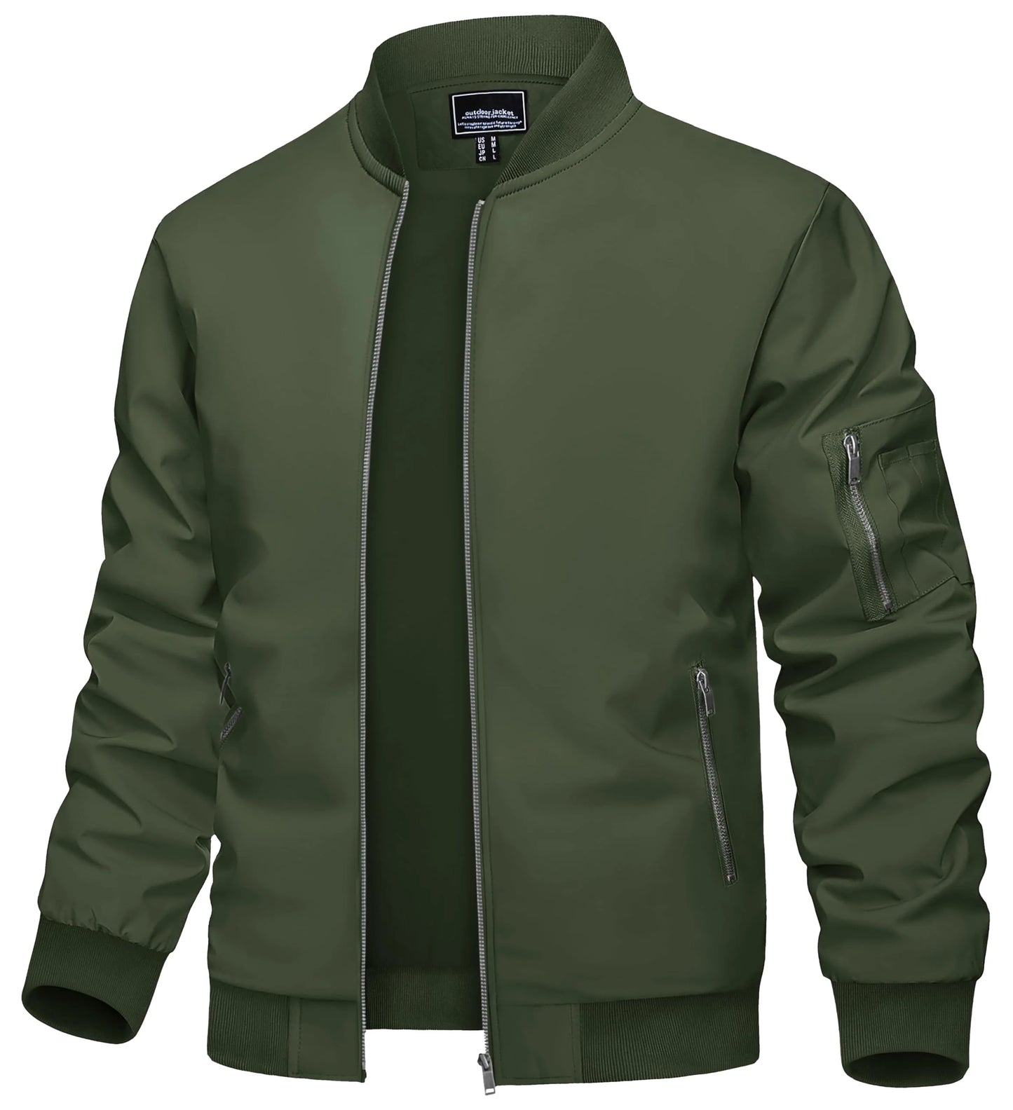 Men’s Green Bomber Jacket – Lightweight Casual Zip-Up Coat with Utility Sleeve Pocket