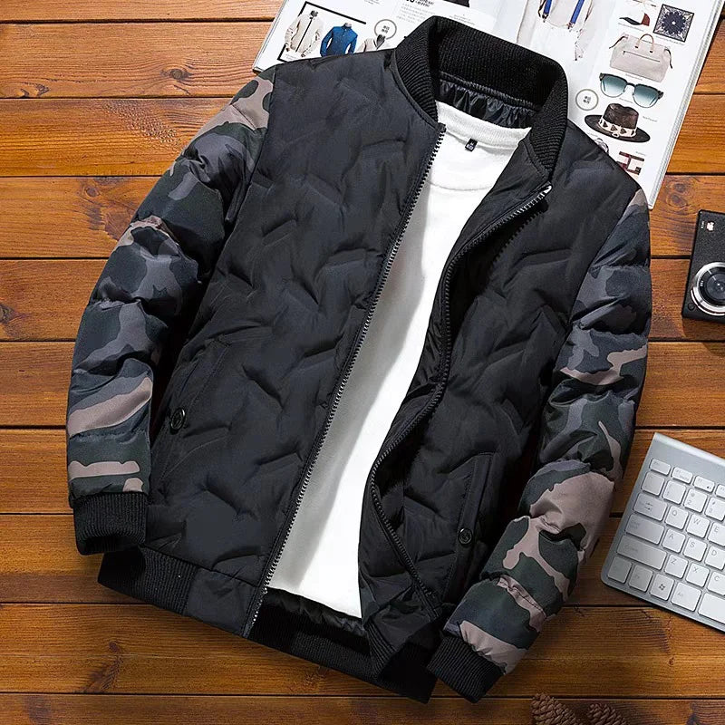 Men’s Black Puffer Bomber Jacket with Camouflage Sleeves – Winter Warm Quilted Jacket