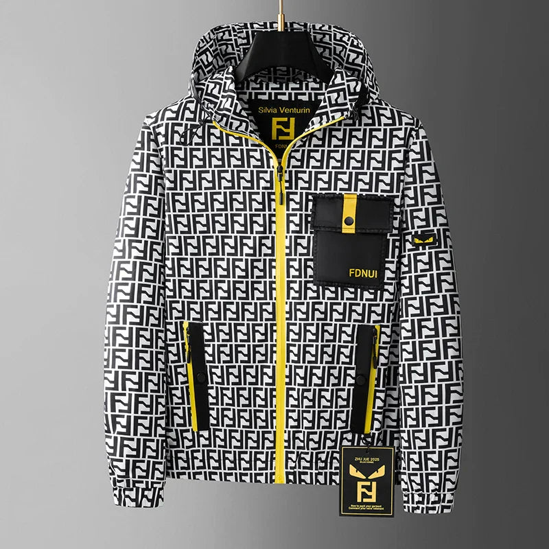 Men’s Geometric Print Windbreaker – Premium Streetwear Hooded Jacket with Utility Pocket (Black/White/Yellow)