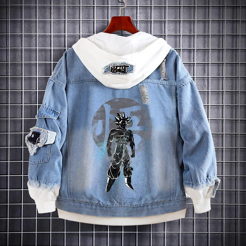 Men’s Anime Graphic Denim Jacket with Hoodie – Streetwear Distressed Jean Coat | Ultra Instinct Inspired Design