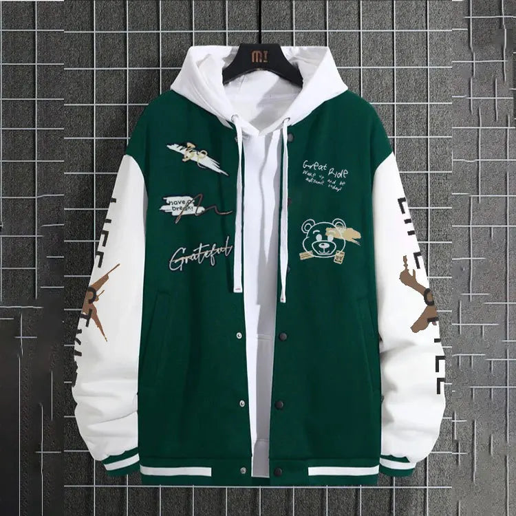 Men’s Graphic Patchwork Varsity Hoodie Jacket – Streetwear Letterman Coat With Embroidery & Artwork