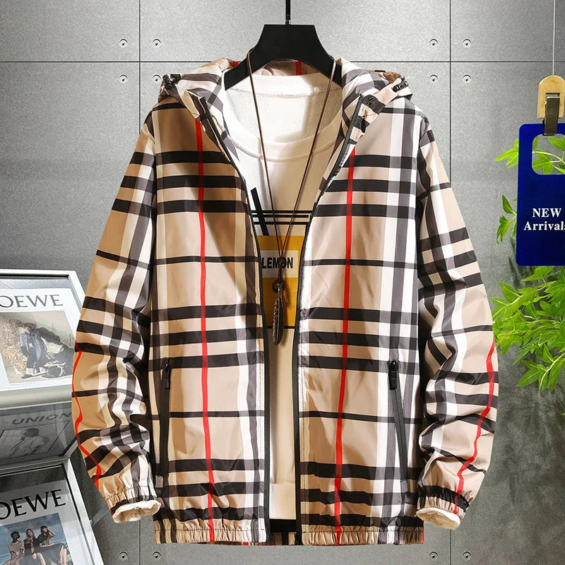 Men’s Trendy Plaid Windbreaker Jacket – Lightweight Hooded Streetwear Zip Coat