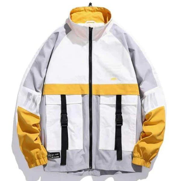 Men’s Color-Block Windbreaker Jacket – Lightweight Streetwear Zip-Up with Utility Buckle Pockets