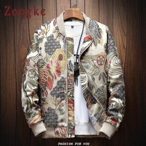Men’s Luxury Floral Embroidered Bomber Jacket – Vintage Asian-Inspired Satin Jacket