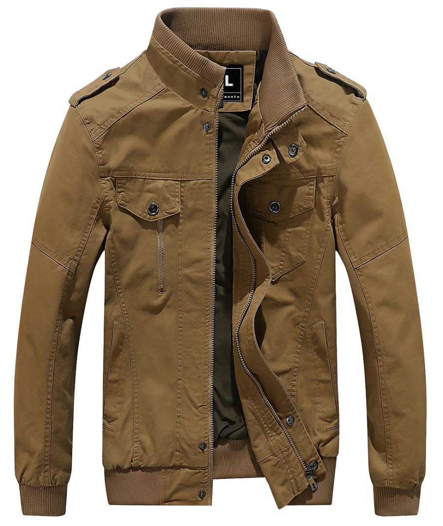 Men’s Tan Stand Collar Bomber Jacket – Lightweight Casual Windbreaker with Multi Pockets