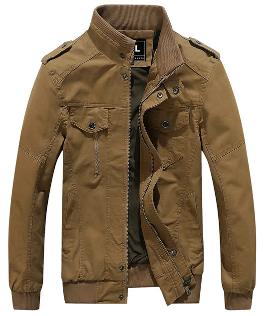 Men’s Tan Stand Collar Bomber Jacket – Lightweight Casual Windbreaker with Multi Pockets