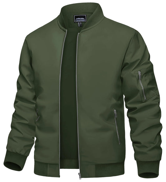 Men’s Green Bomber Jacket – Lightweight Casual Zip-Up Coat with Utility Sleeve Pocket