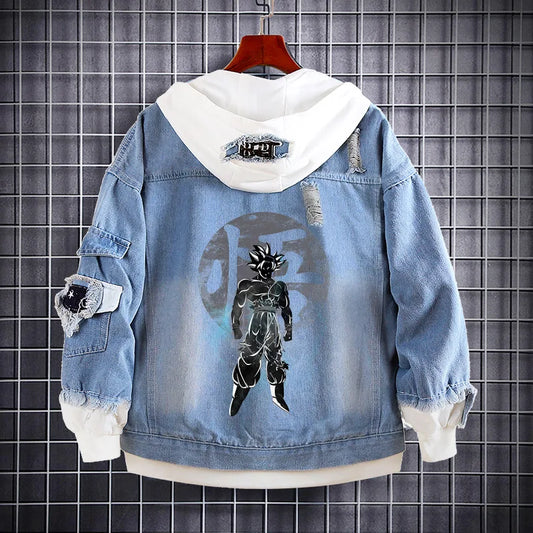 Men’s Anime Graphic Denim Jacket with Hoodie – Streetwear Distressed Jean Coat | Ultra Instinct Inspired Design