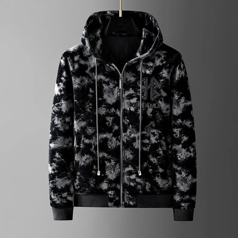 Men’s Velvet Marble Texture Hoodie – Premium Full-Zip Luxury Streetwear Jacket