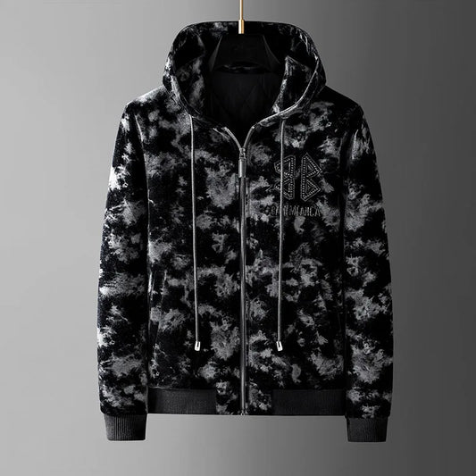 Men’s Velvet Marble Texture Hoodie – Premium Full-Zip Luxury Streetwear Jacket