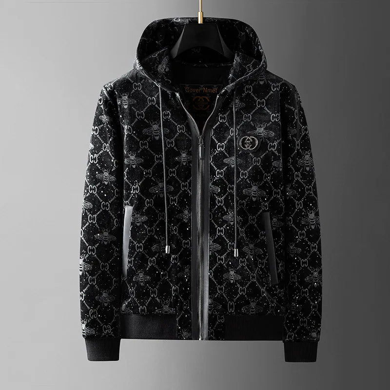 Men’s Luxury Velvet Pattern Hoodie Jacket – Premium Full-Zip Streetwear Coat