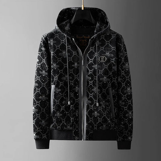 Men’s Luxury Velvet Pattern Hoodie Jacket – Premium Full-Zip Streetwear Coat
