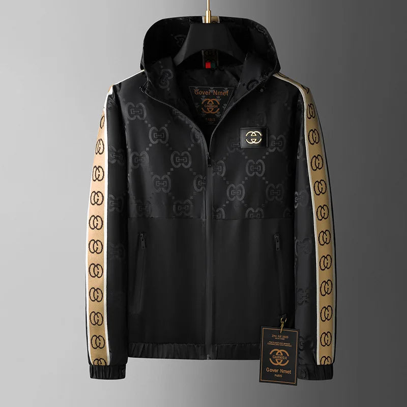 Men’s Luxury Pattern Windbreaker Jacket – Premium Streetwear Zip-Up With Hood & Side Stripe Design