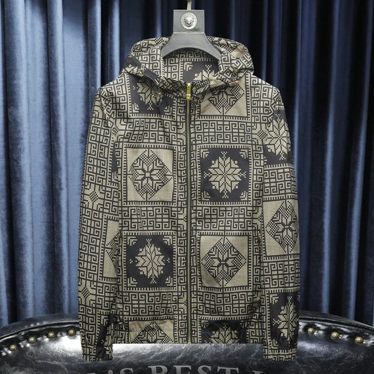 Men’s Luxury Geometric Pattern Hooded Jacket – Premium Streetwear Full-Zip Windbreaker