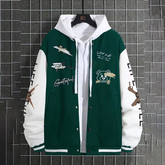 Men’s Graphic Patchwork Varsity Hoodie Jacket – Streetwear Letterman Coat With Embroidery & Artwork