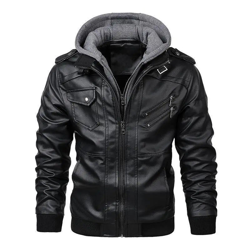 Men’s Black Faux Leather Moto Jacket with Detachable Hoodie – Winter Warm Biker Style Zipper Jacket