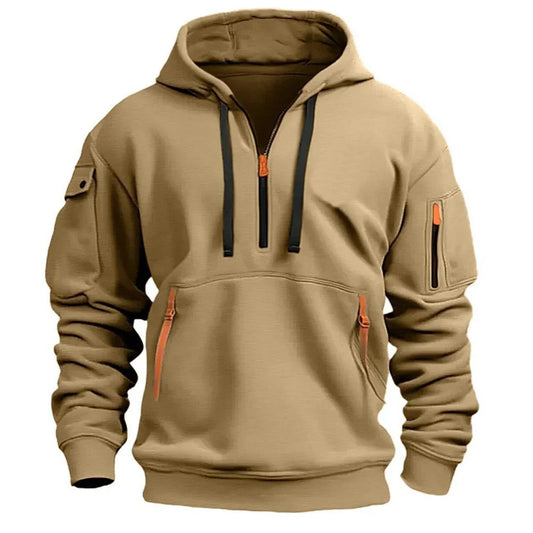 Men’s Tactical Utility Hoodie – Heavyweight Quarter-Zip Pullover with Multi-Pocket Design