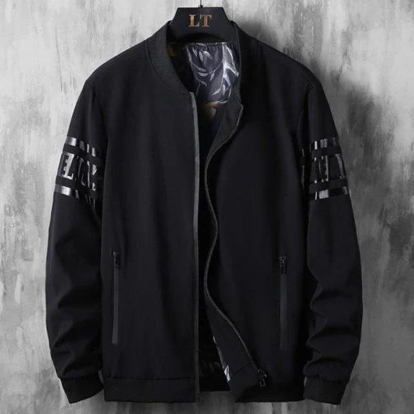 Men’s Black Bomber Jacket – Streetwear Lightweight Zip-Up with Reflective Arm Detail