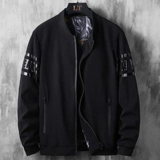 Men’s Black Bomber Jacket – Streetwear Lightweight Zip-Up with Reflective Arm Detail