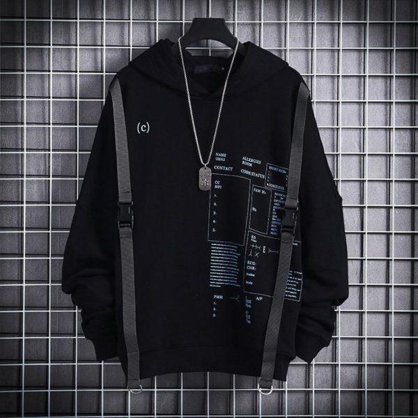 Men’s Techwear Graphic Hoodie with Straps – Cyberpunk Streetwear Pullover