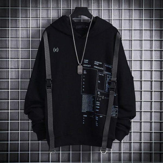Men’s Techwear Graphic Hoodie with Straps – Cyberpunk Streetwear Pullover