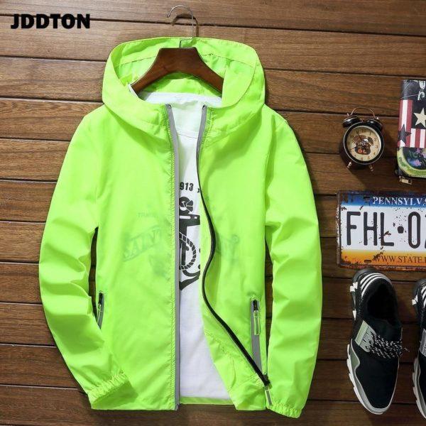Men’s Lightweight Neon Green Windbreaker Jacket – Waterproof Hooded Zip-Up for Outdoor & Streetwear