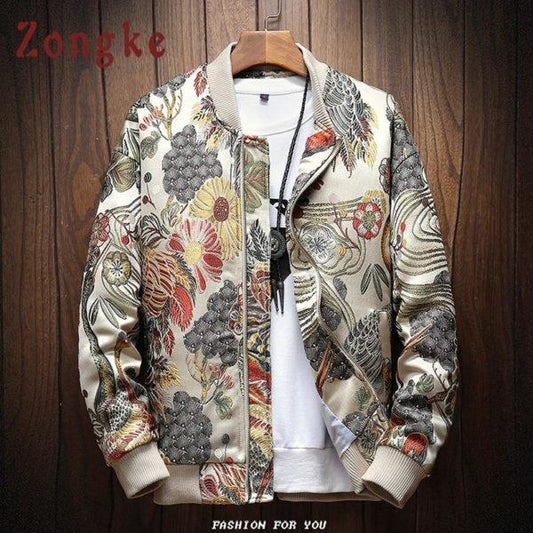 Men’s Luxury Floral Embroidered Bomber Jacket – Vintage Asian-Inspired Satin Jacket