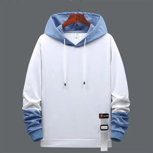 Men’s Two-Tone Casual Pullover Hoodie – White & Blue Streetwear Sweatshirt with Adjustable Drawstring