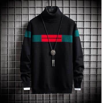 Men’s Luxury Turtleneck Sweater – Black Knit Pullover with Red & Green Stripe Design | Winter Streetwear Fashion